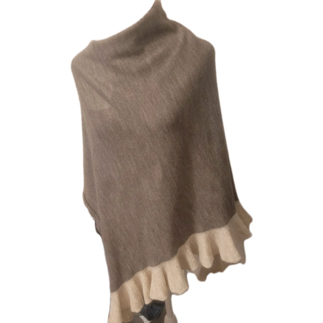 Nardi & Tagliaferri Womens Cream Brown/Gray Ruffle Trim Knit Poncho Sweater Osft